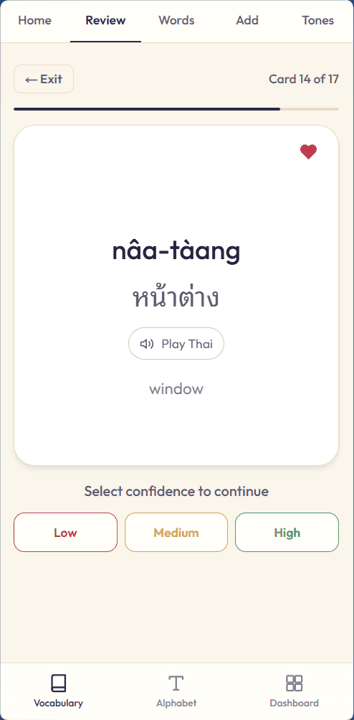 My Thai flashcard review screen showing Thai script, romanized Thai, and confidence controls.